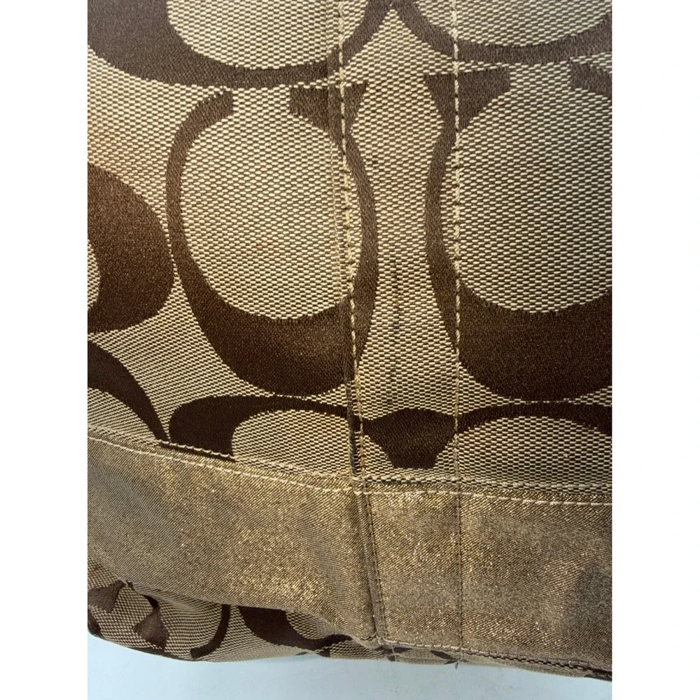 Coach Signature Stripe Tote Brown Khaki Jacquard Gold Metallic Leather Shoulder